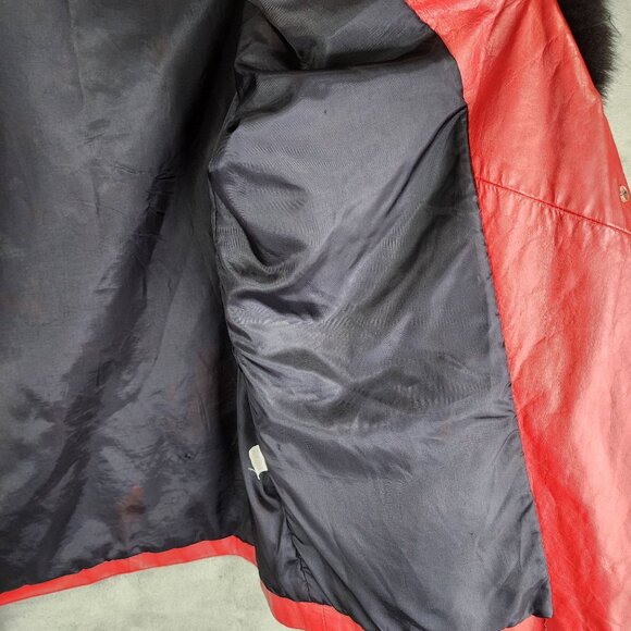 Vintage Red Leather Coat with Black Fox Fur Collar & Large Pockets Size XXL - Picture 6 of 10